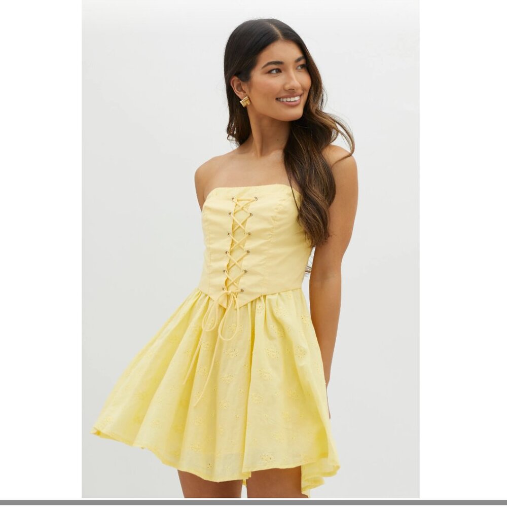 Mon Petit Lace-Up Bodice Mini Dress Yellow